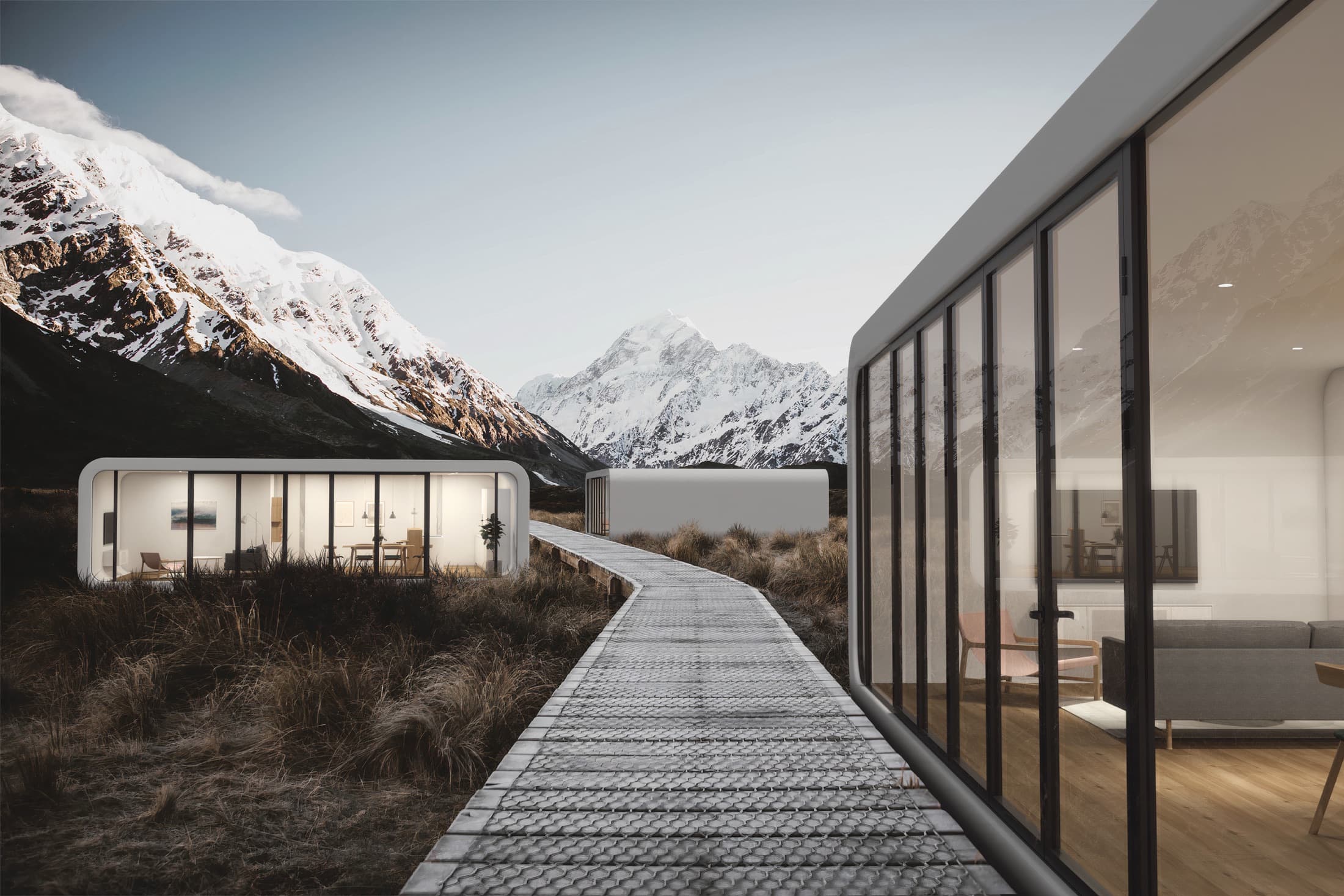 Modular hospitality units set in a coastal natural landscape