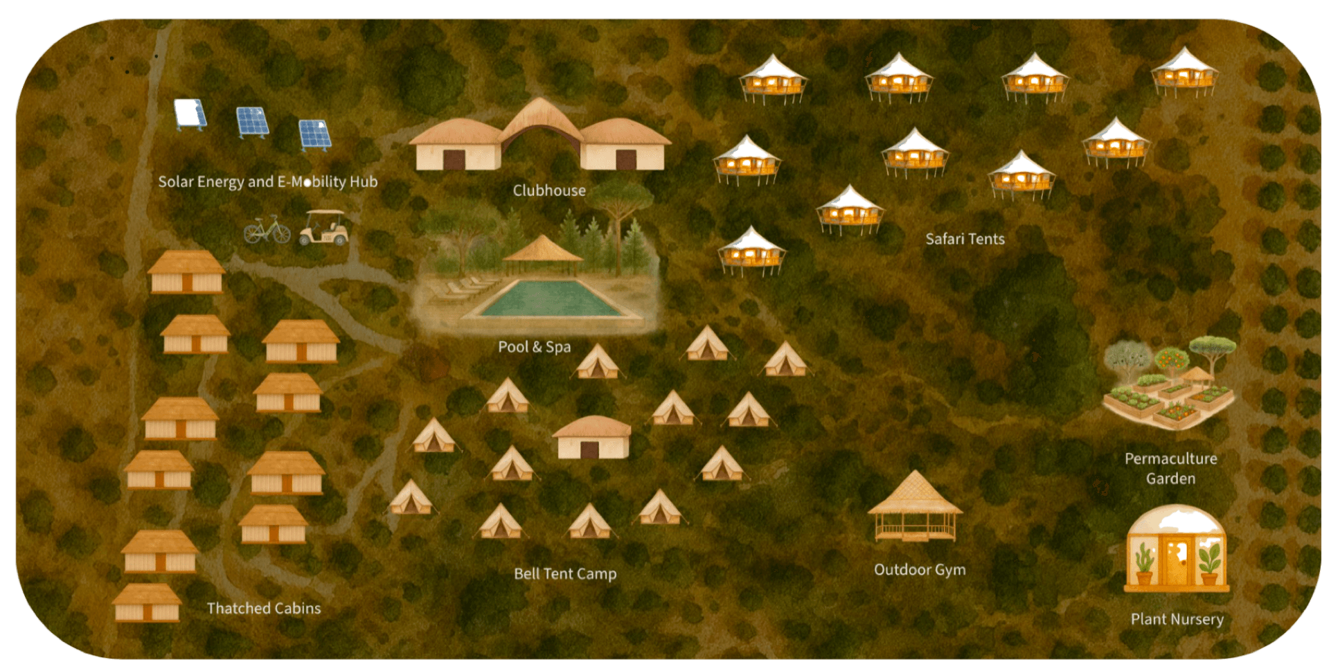 Illustrated aerial sitemap of Sankofa Nature Resort