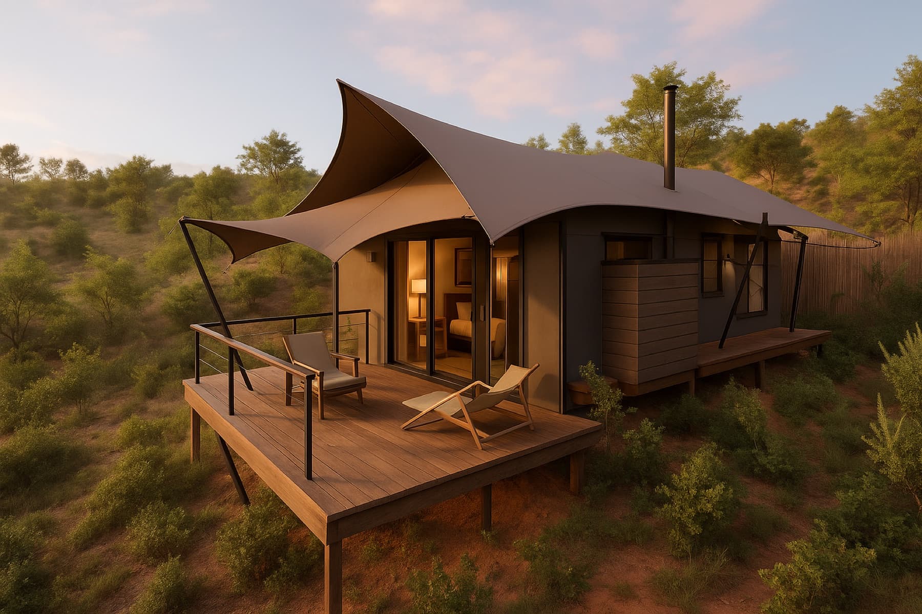 Thatched cabin exterior with deck at Sankofa Nature Resort